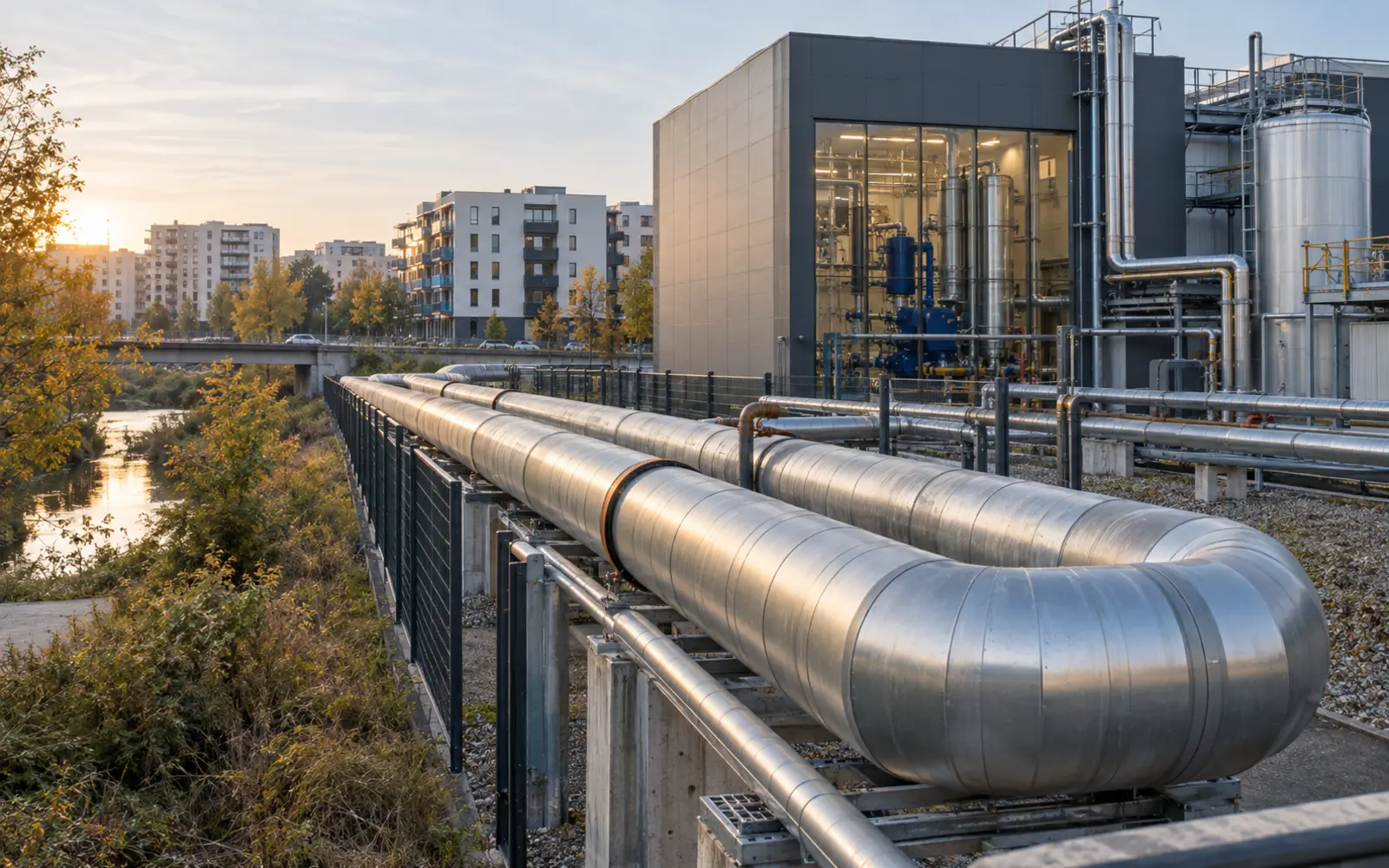 Gedämmte Leitungen verbinden eine moderne Energiezentrale mit einem städtischen Wärmenetz