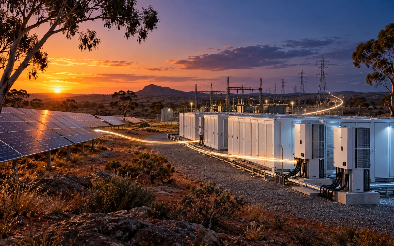 Australien: Batteriespeicher verdrängen Gas aus der Abendspitze – Australien: Solarstrom und Großbatterien zur Abendspitze 3D-Visualisierung von Solarmodulen, Batteriespeichern und Umspannwerk in einer australischen Landschaft bei Sonnenuntergang