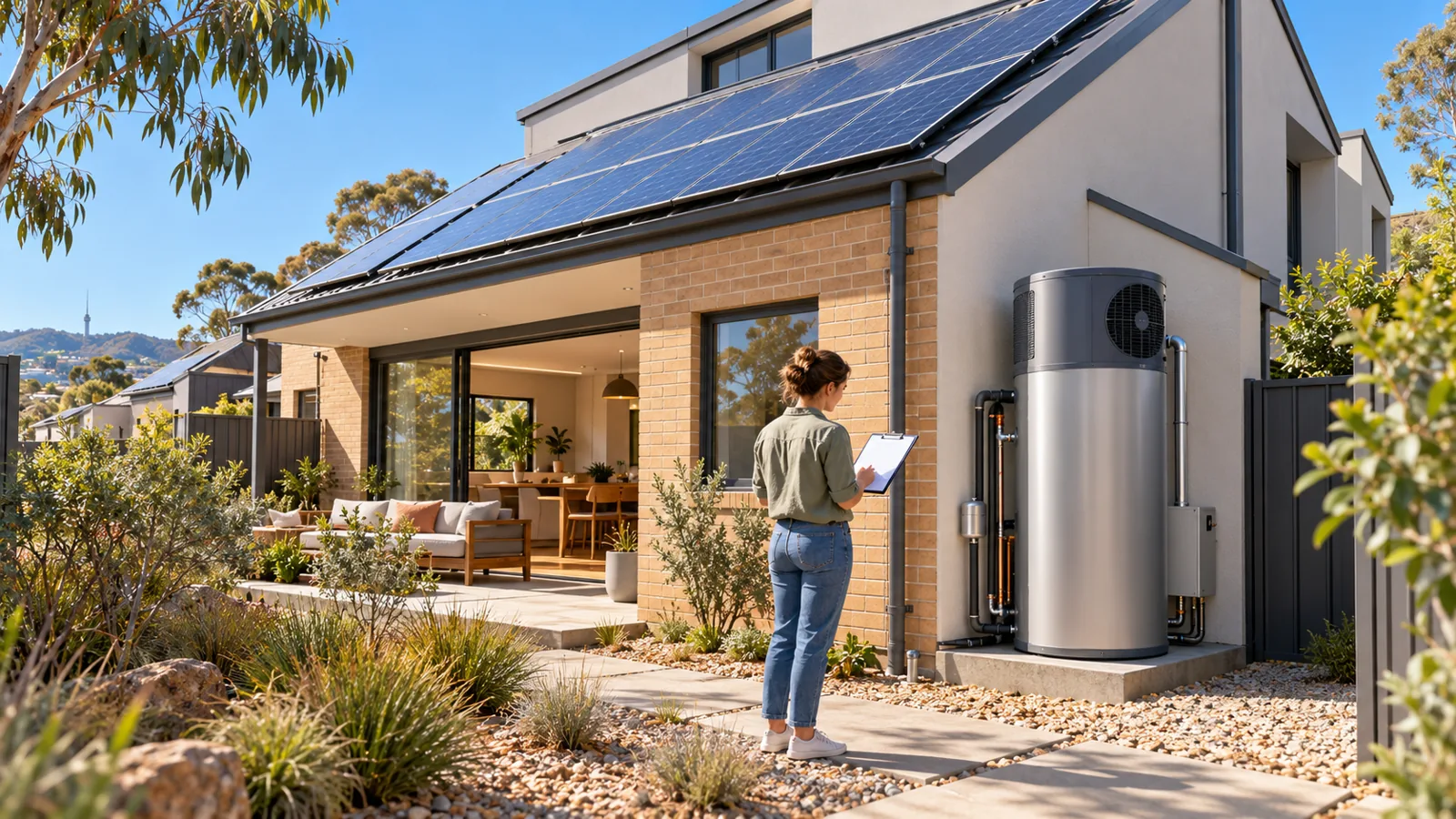 Australien: Canberra plant den Heizungstausch Schritt für Schritt – Geplanter Umstieg auf elektrische Haustechnik Redaktionelle 3D-Illustration eines australischen Wohnhauses mit Dachphotovoltaik und Wärmepumpen-Warmwasserspeicher