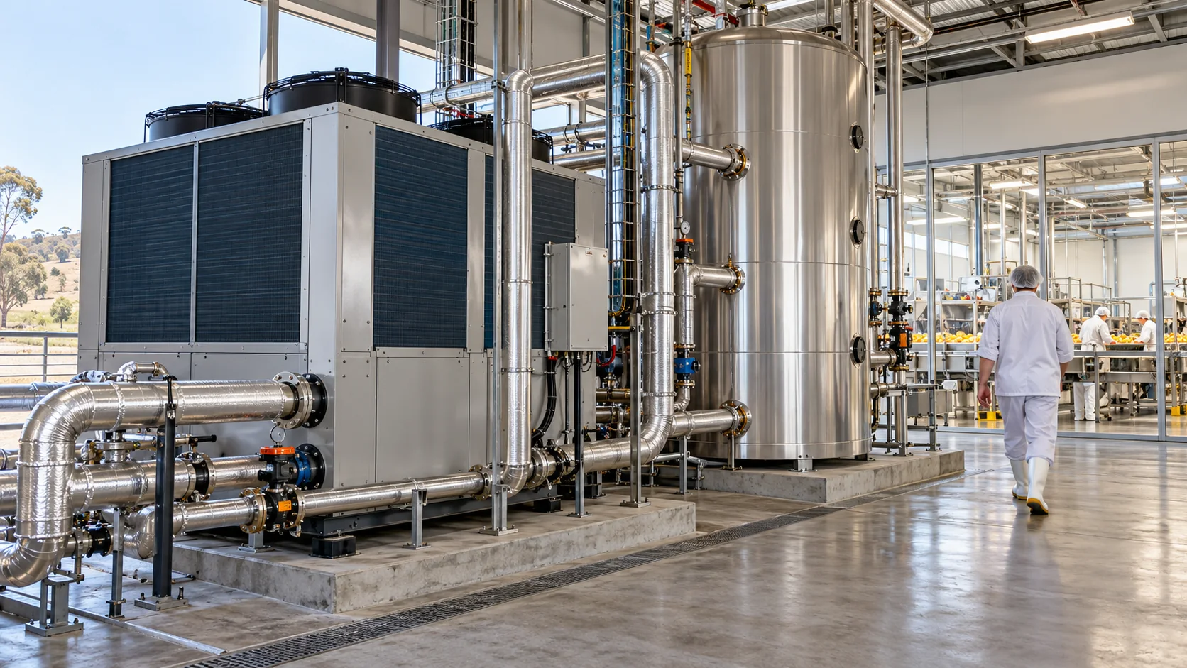 Australien: Lebensmittelbetrieb meldet deutliche Einsparungen mit Wärmepumpe – Australien: Lebensmittelbetrieb meldet deutliche Einsparungen mit Wärmepumpe Redaktionelle Illustration einer industriellen Wärmepumpen- und Warmwasseranlage in einem australischen Lebensmittelbetrieb