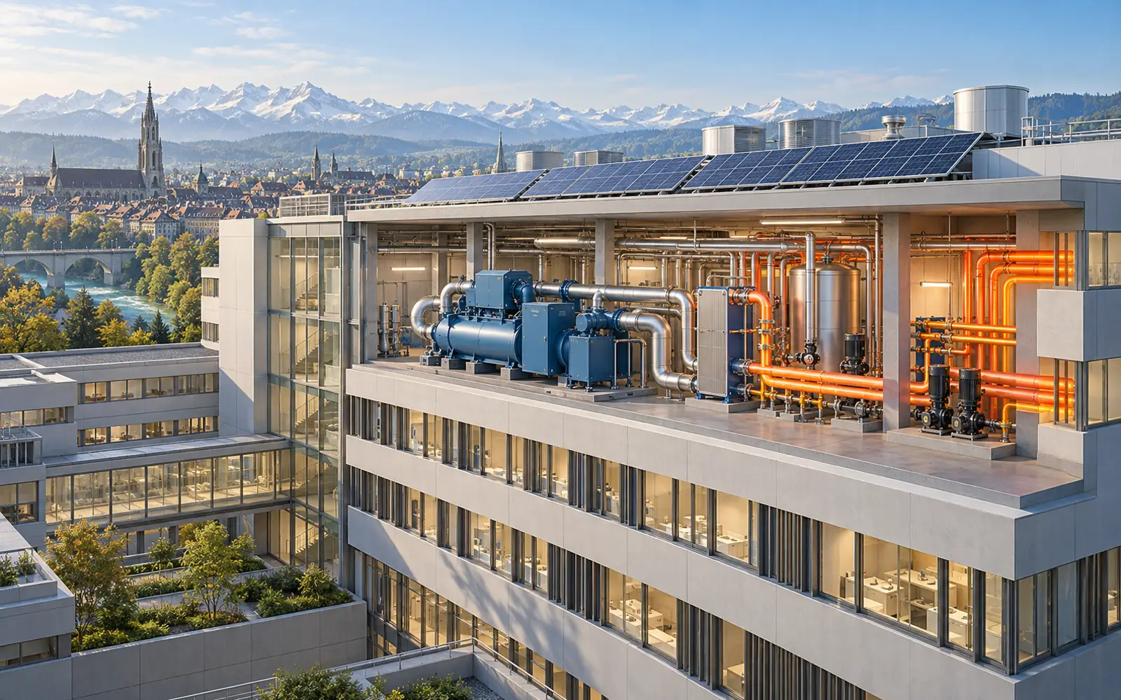 Berner Inselspital: Wie Kühlung und Heizung in einem Gebäude zusammenspielen – Spitaltechnik in Bern: Kälte und Abwärmenutzung Redaktionelle 3D-Ansicht eines Berner Spitalgebäudes mit Kältemaschine, Wärmeleitungen und Solaranlage