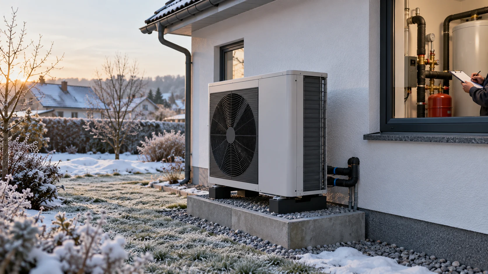 Bivalenzrechner: Wo treffen Heizlast und Wärmepumpenleistung aufeinander? Luft-Wasser-Wärmepumpe vor einem Haus im winterlichen Garten mit Blick auf Heiztechnik und eine technische Kontrolle am Fenster