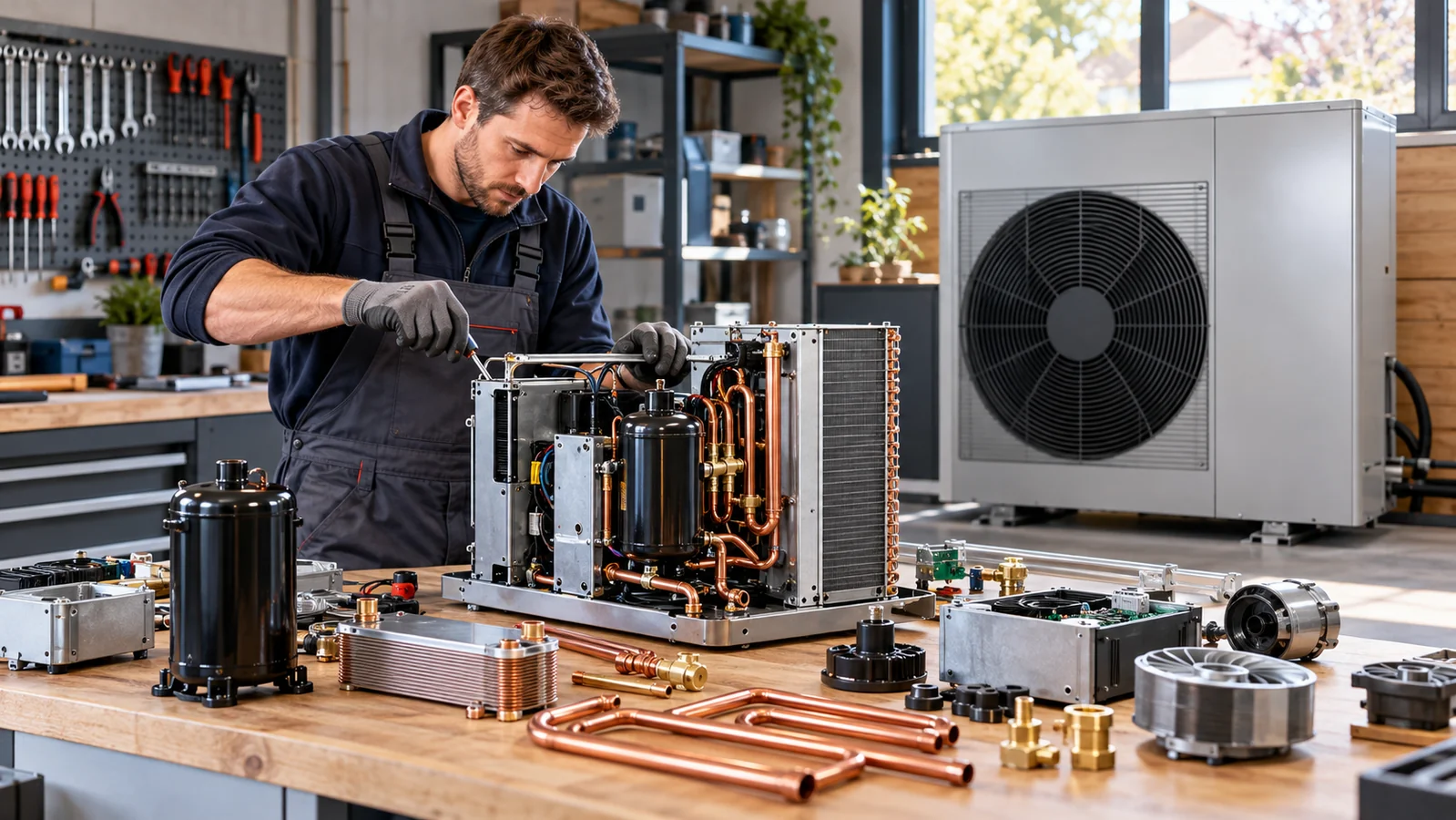 Chillventa 2026: Warum eine Wärmepumpe auch reparierbar sein muss – Chillventa 2026: Warum eine Wärmepumpe auch reparierbar sein muss Redaktionelle Illustration eines Technikers beim Prüfen von Wärmepumpenkomponenten in einer Werkstatt