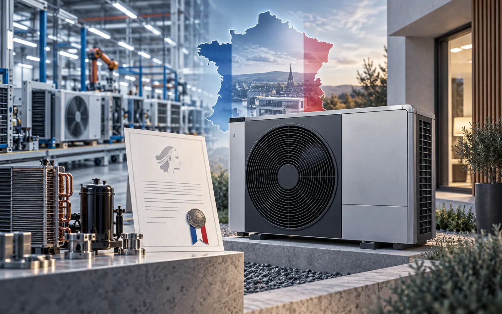Frankreich erweitert Wärmepumpen-Positivliste: Europäische Fertigung zählt – Frankreich verknüpft Wärmepumpen-Zulassung mit Qualität und europäischer Fertigung Wärmepumpe vor einem Wohnhaus, europäische Fertigungslinie und französisches Zulassungsdokument als redaktionelle Illustration