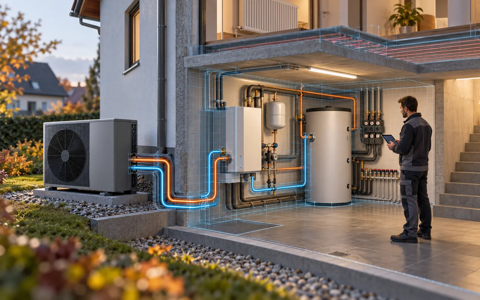 Wärmepumpen-Montage per 3D-Scan: Fraunhofer zeigt PlanAR-Prototyp – 3D-Visualisierung der Wärmepumpenplanung im Heizraum 3D-Ansicht eines Wohnhauses mit Wärmepumpe im Garten, Heizraum mit Speicher und visualisierten Leitungswegen