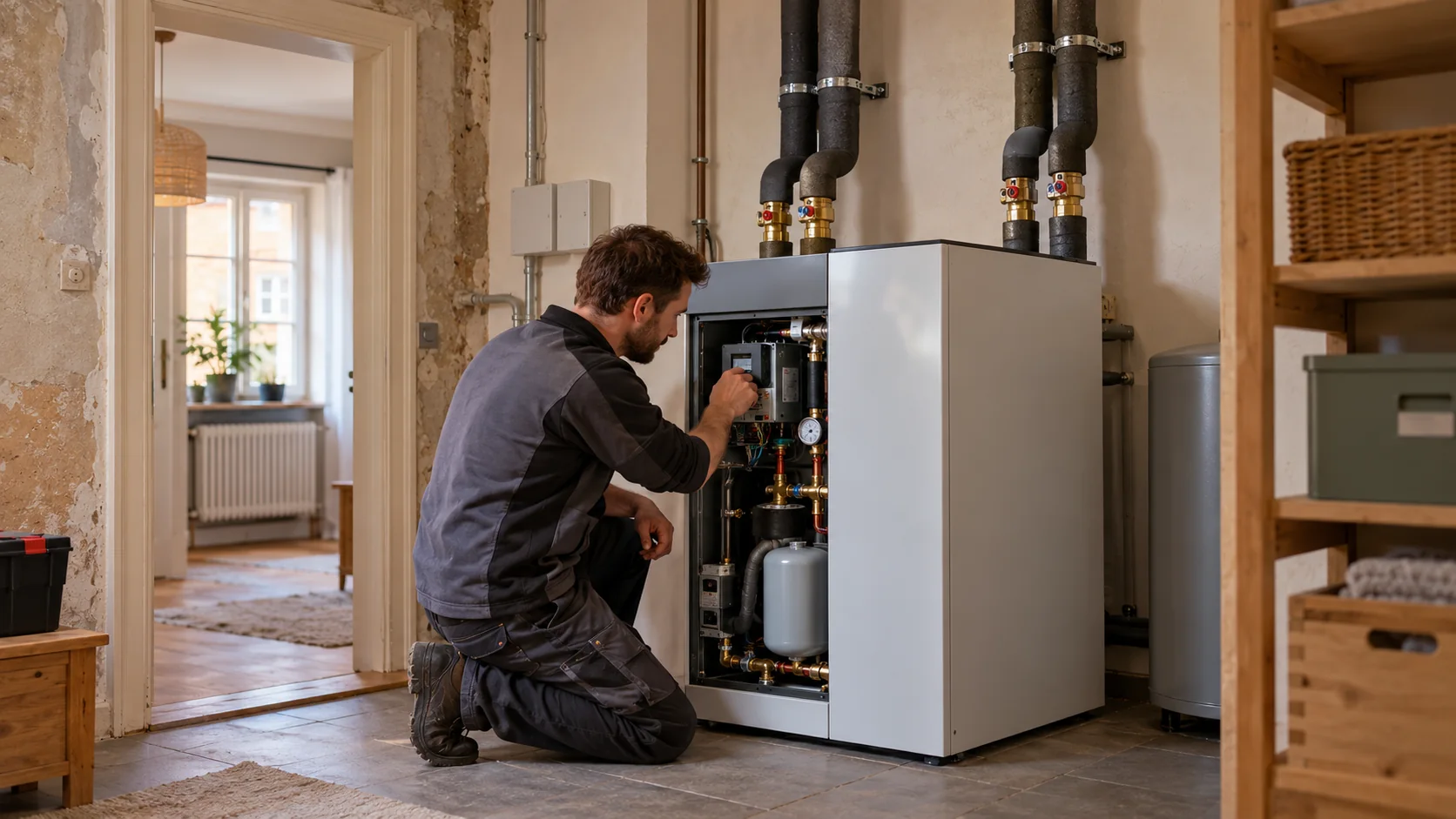 Gasetagenheizung ersetzen: Fraunhofer untersucht kleine Wärmepumpen pro Wohnung – Gasetagenheizung ersetzen: Fraunhofer untersucht kleine Wärmepumpen pro Wohnung Redaktionelle Illustration einer kompakten Wohnungswärmepumpe mit gedämmten Anschlüssen in einer Installationsnische