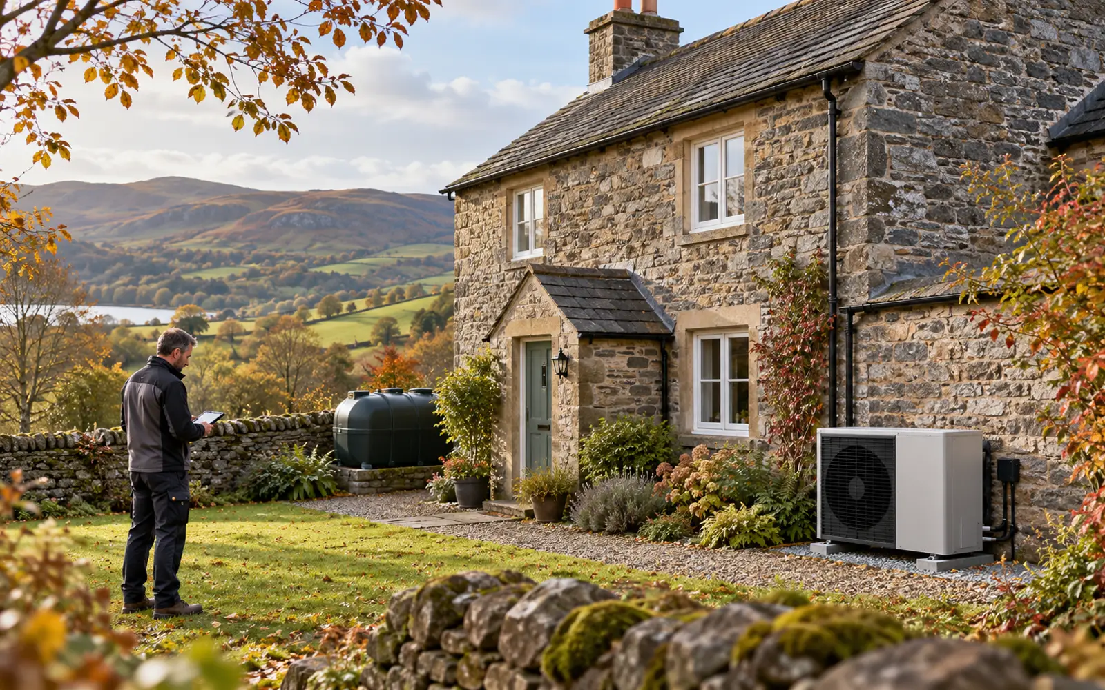 Großbritannien: 9.000 Pfund Zuschuss beim Austausch einer Ölheizung – Heizöl ersetzen: britisches Wohnhaus mit Wärmepumpe Britisches Landhaus mit Öltank und neu installierter Luft-Wasser-Wärmepumpe