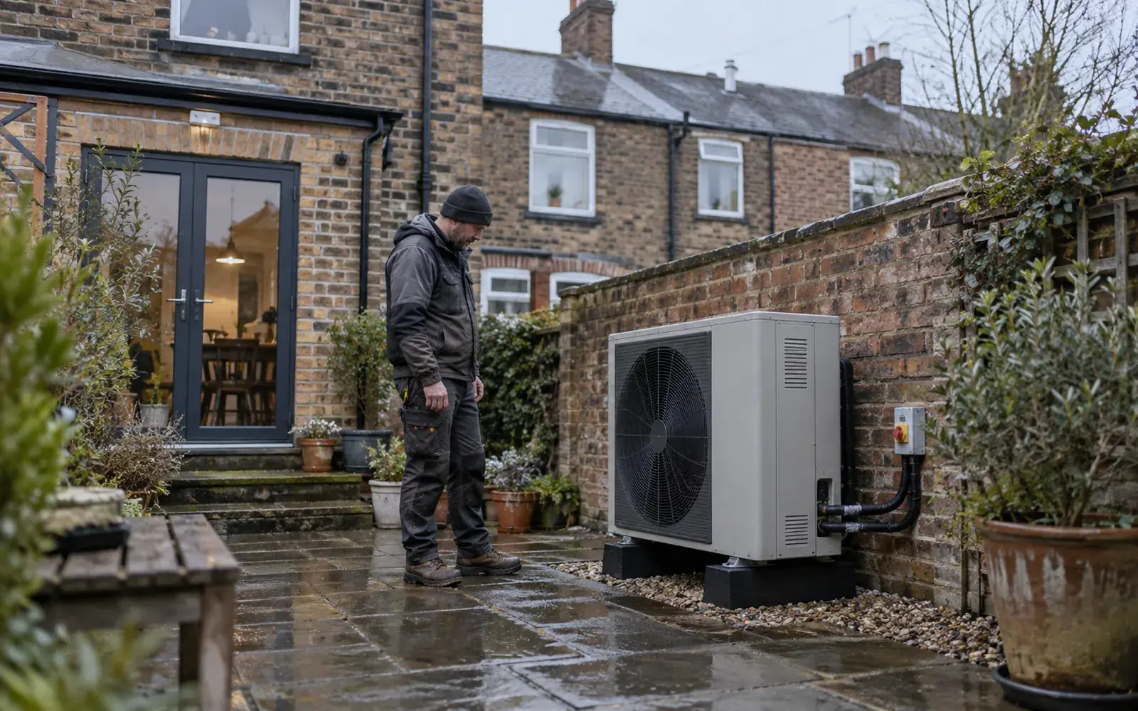 Großbritannien 2026: 22 Prozent weniger Wärmepumpen bei Modernisierungen – Wärmepumpen-Nachrüstung an einem britischen Reihenhaus Installateur prüft eine Luft-Wasser-Wärmepumpe am Garten eines britischen Reihenhauses