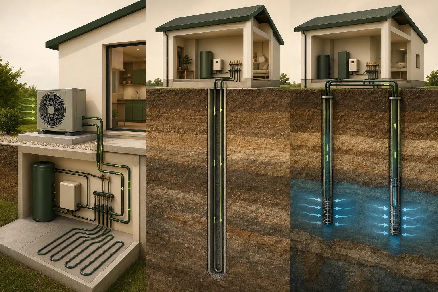 Vergleich von Luftwärmepumpe, Erdsonde und Grundwasserbrunnen