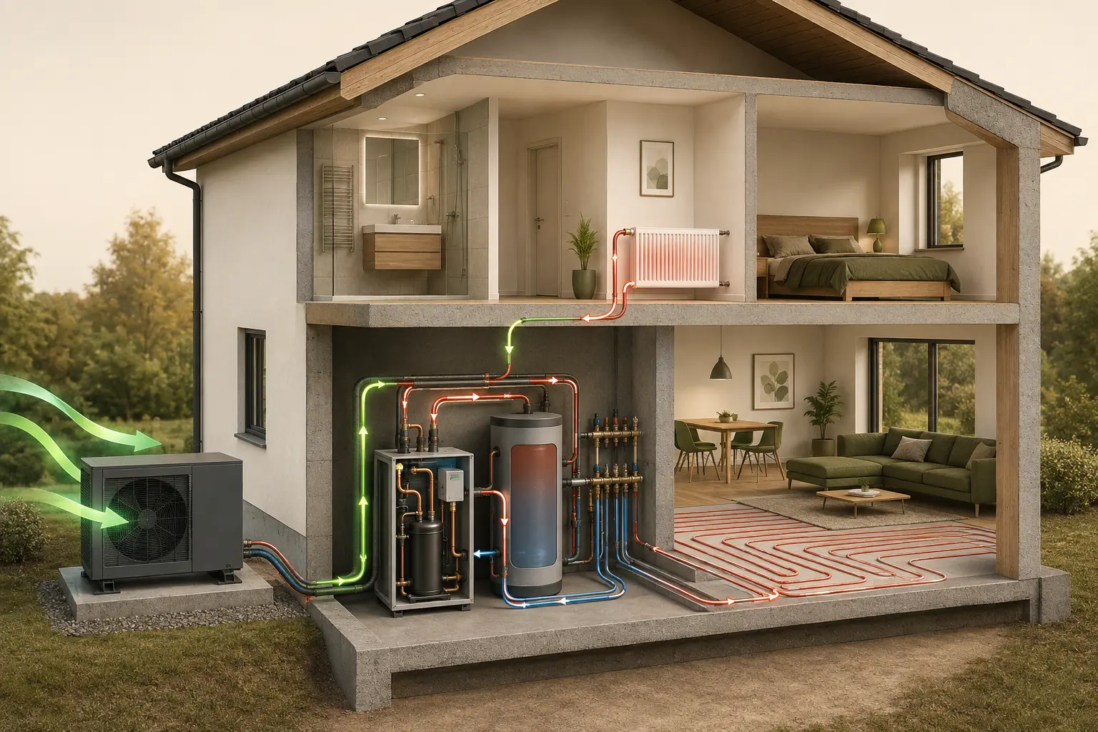 Technischer Hausquerschnitt mit dem Kreislauf einer Luft-Wasser-Wärmepumpe