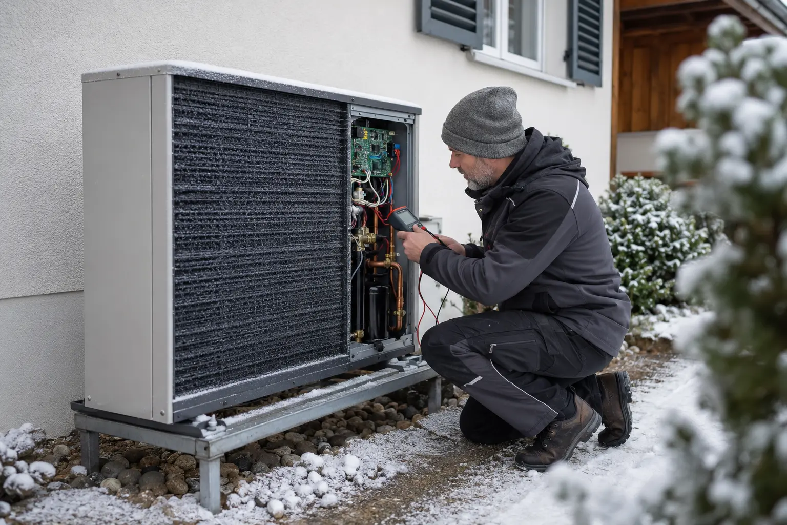 Techniker diagnostiziert eine vereiste Außeneinheit einer Wärmepumpe