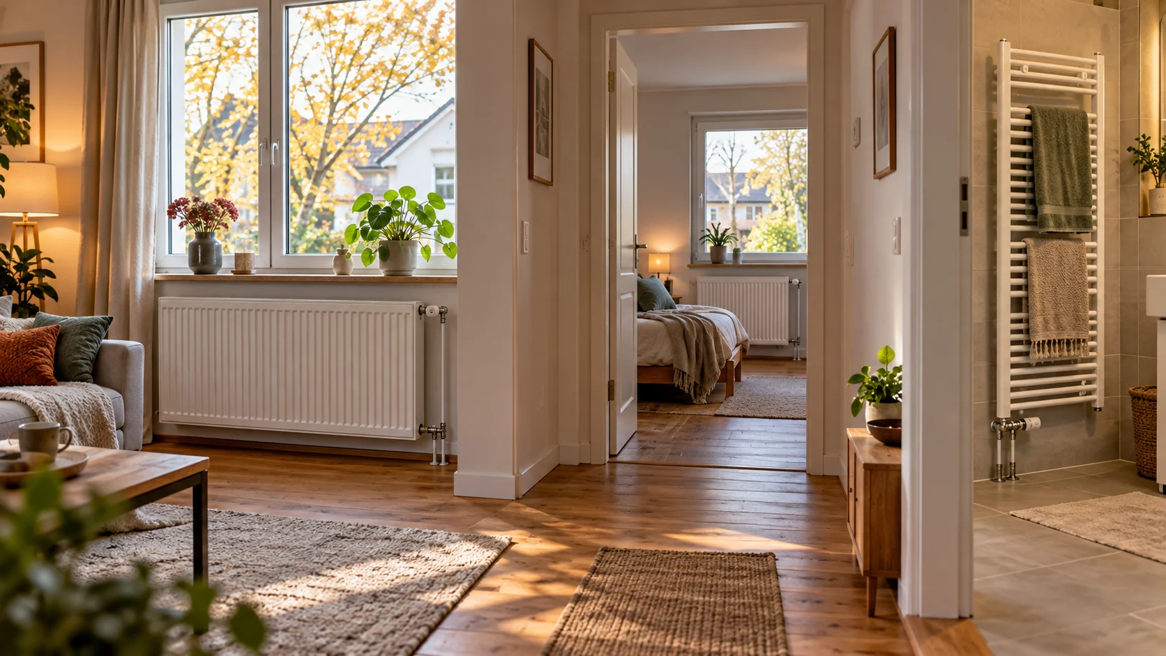 Heizkörper-Rechner: Drei Räume bei 45/35 °C vergleichen Heizkörper in Wohnzimmer, Schlafzimmer und Badezimmer eines Wohnhauses