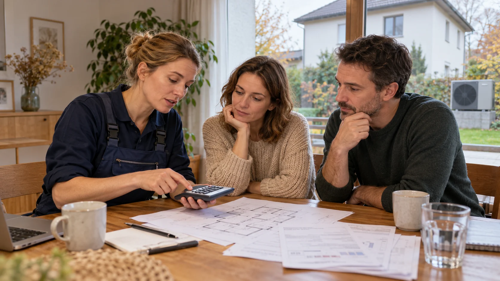 8, 10 oder 14 kW – wie viel Wärmepumpe braucht Ihr Haus wirklich? Heizungsfachfrau bespricht mit einem Paar Grundriss, Energieabrechnungen und Taschenrechner zur Abschätzung der Heizlast