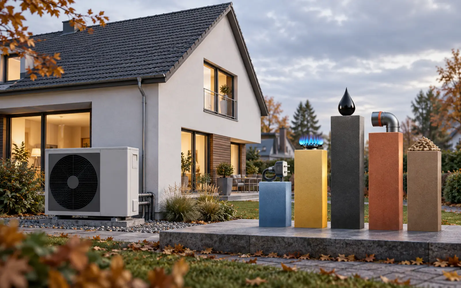 Heizspiegel 2026: Wärmepumpe bei den laufenden Heizkosten vorn – Öl wird deutlich teurer – Heizspiegel 2026: laufende Heizkosten im deutschen Einfamilienhaus Deutsches Einfamilienhaus mit Luft-Wasser-Wärmepumpe und symbolischen Säulen für fünf Heizkostenarten