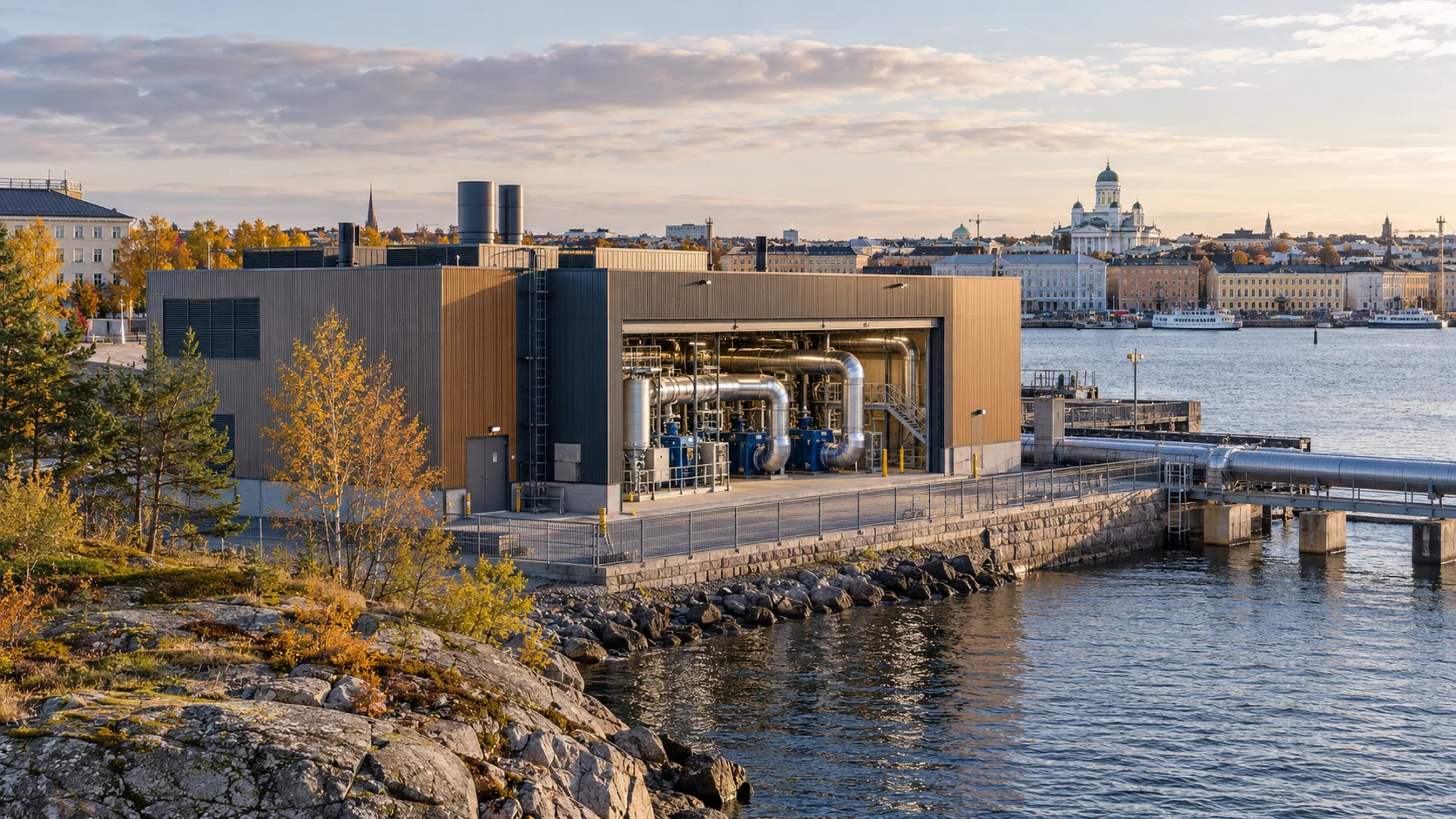 Helsinki holt Heizwärme aus Abwasser, das nur noch rund fünf Grad hat – Helsinki holt Heizwärme aus Abwasser, das nur noch rund fünf Grad hat Redaktionelle Illustration einer kommunalen Wärmepumpen-Energiezentrale an einer finnischen Küste