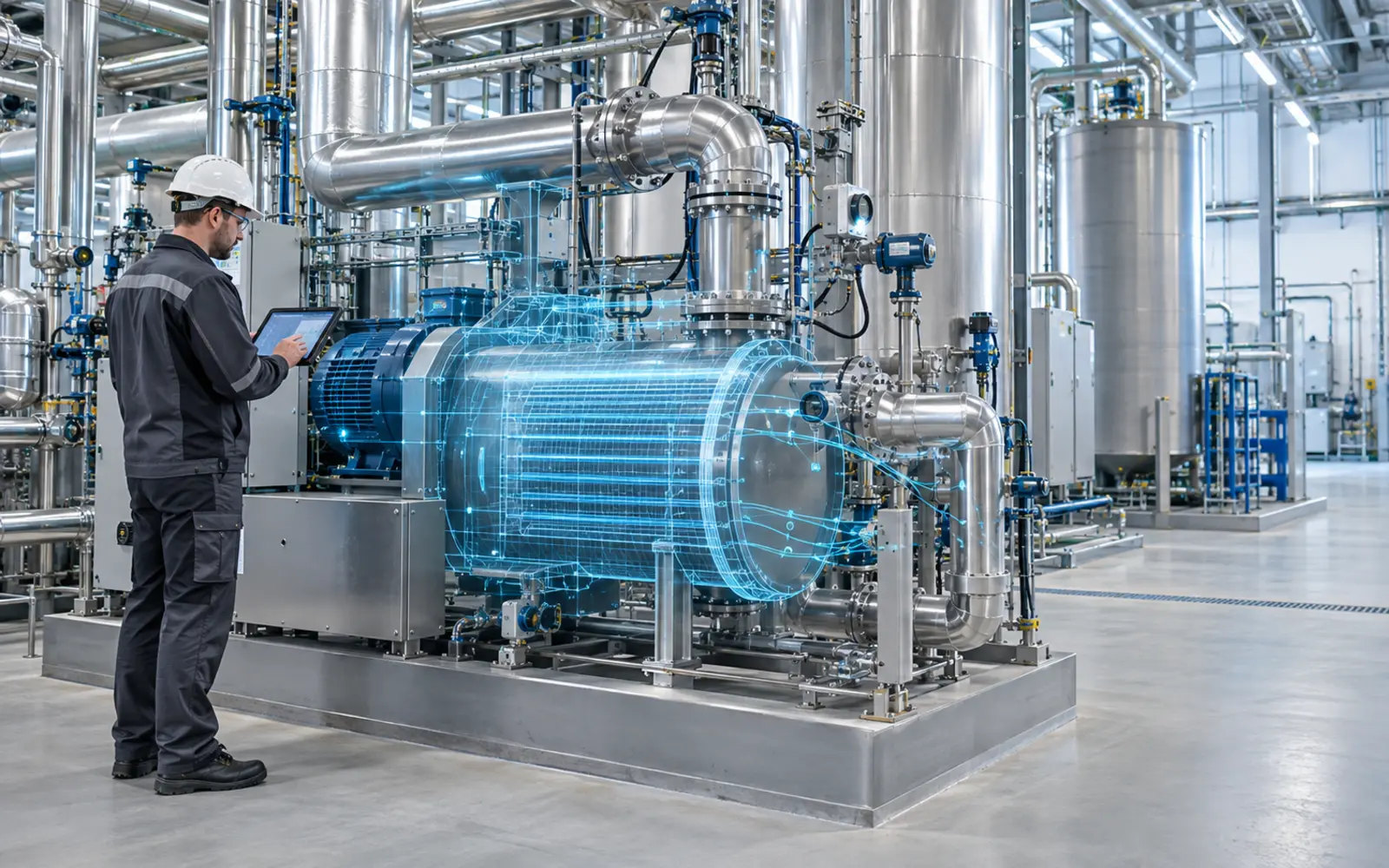 Digitale Zwillinge: Europa testet Industriewärmepumpen bis 160 °C – Industriewärmepumpe mit digitalem Zwilling Industriefachkraft prüft eine Hochtemperatur-Wärmepumpe, deren digitaler Zwilling als blaues Datenmodell sichtbar gemacht ist