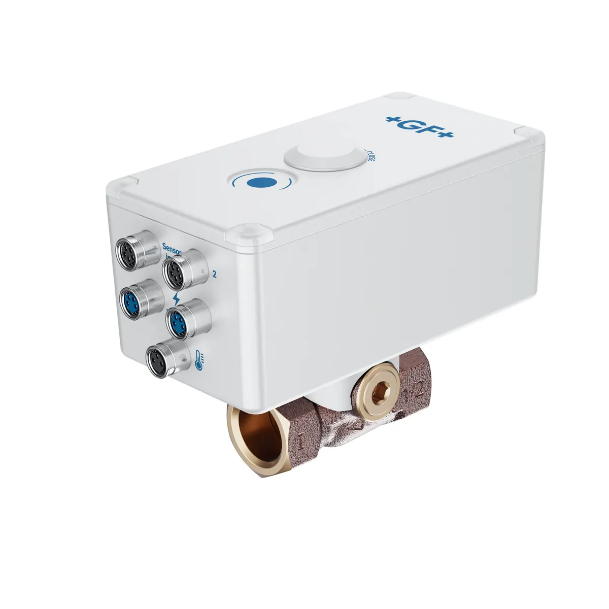 Herstellerdarstellung des GF Hycleen-Balance-Ventils mit weißem elektronischem Regler, Anschlüssen und metallischem Ventilkörper