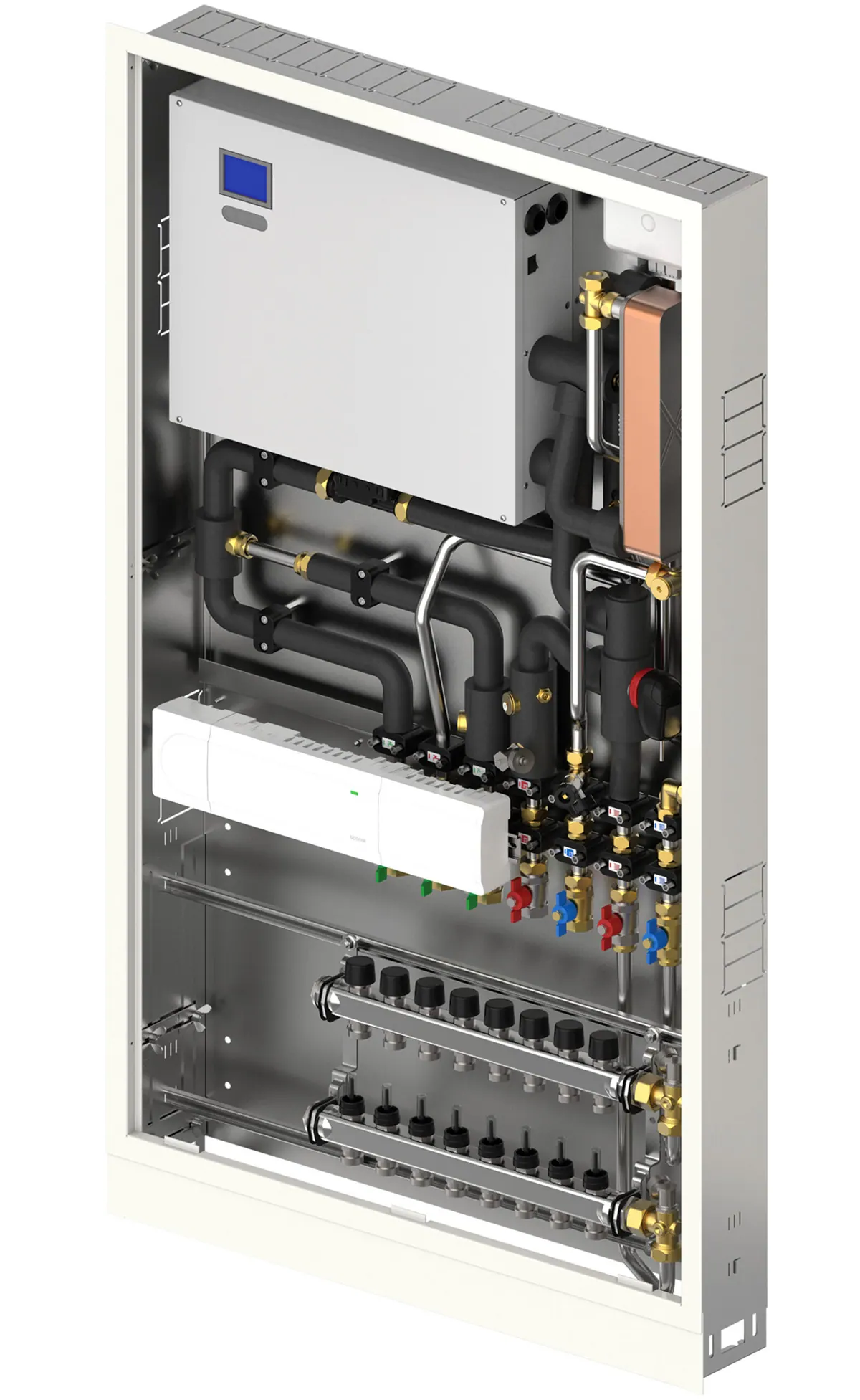 Herstellerdarstellung einer Uponor Combi Port E-Hybrid Wohnungsstation im offenen Schrank mit Regelung, Wärmetauscher und Verteiler