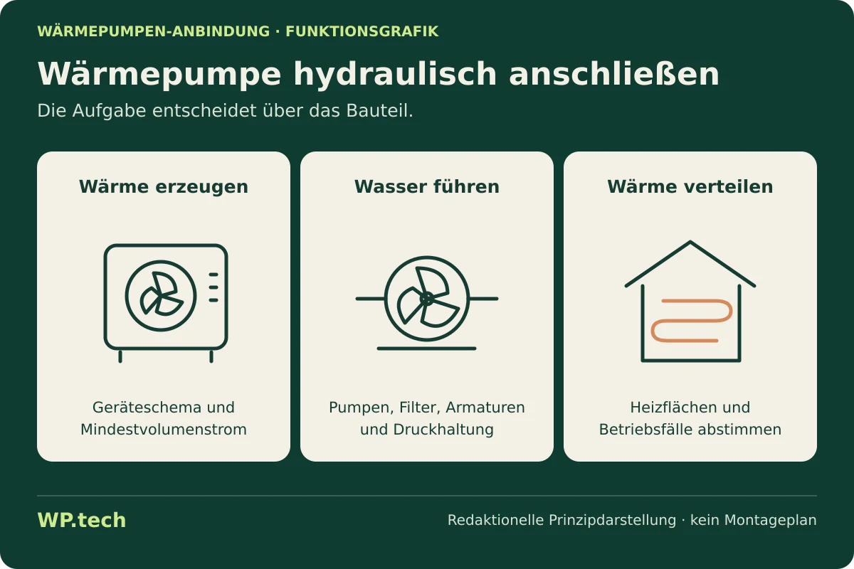 Funktionsgrafik zu Wärmepumpe hydraulisch anschließen: abstrakte Symbole zeigen die Aufgaben im Wärmepumpensystem