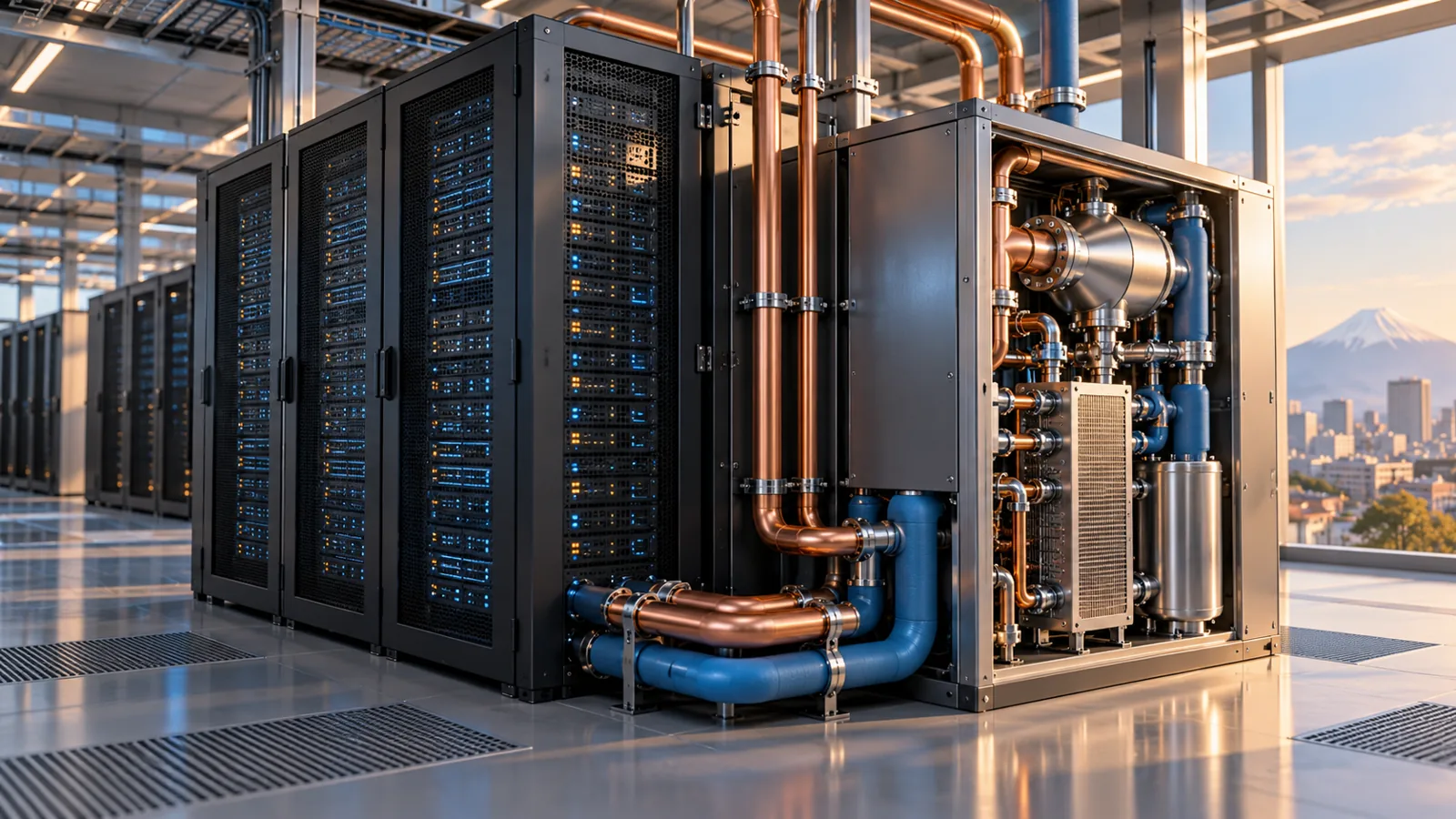 Japan: Fuji Electric will Serverabwärme zum Kühlen nutzen – Flüssigkeitskühlung und Wärmerückgewinnung im Rechenzentrum Redaktionelle 3D-Illustration eines Serverraums mit Flüssigkeitskreislauf und Kühlmodul
