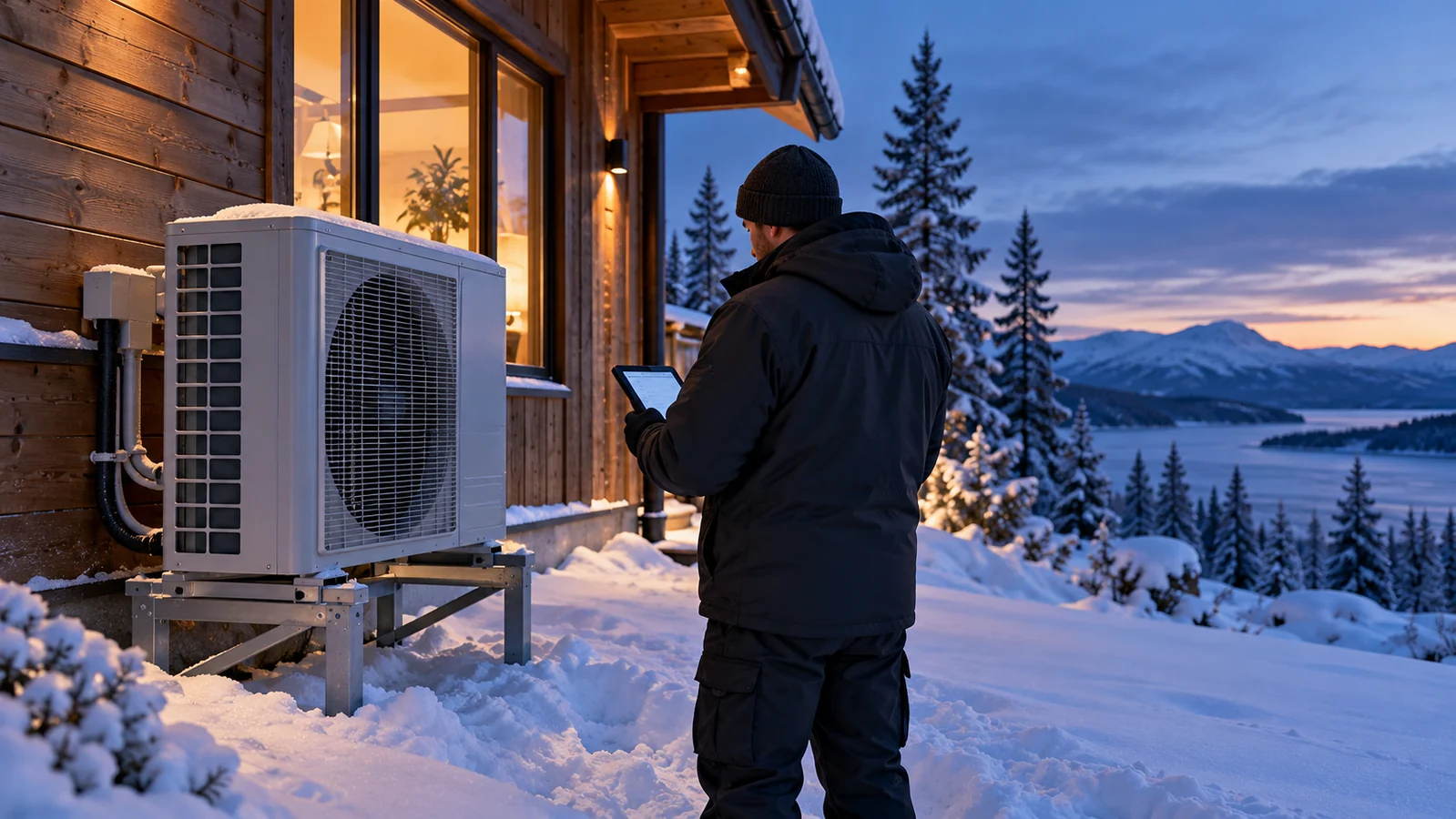 Stromverbrauch bei Frost: Kanada-Studie fordert bessere Wärmepumpen-Daten – Kanada: Leistungsdaten für Wärmepumpen im kalten Klima KI-Illustration einer erhöht montierten Wärmepumpe an einem verschneiten kanadischen Holzhaus mit Techniker