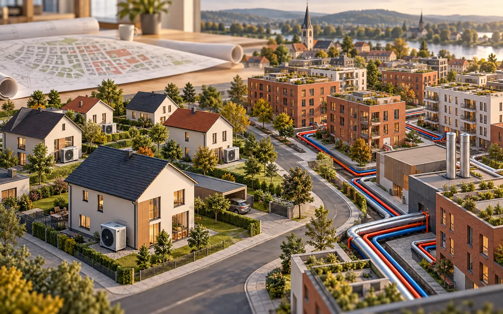 380 Wärmepläne: Warum Wärmepumpe und Wärmenetz beide gebraucht werden – Kommunale Wärmeplanung: Wärmepumpe und Wärmenetz Redaktionelle 3D-Stadtansicht mit Luft-Wasser-Wärmepumpen an Häusern und einem Wärmenetz in dichter Bebauung