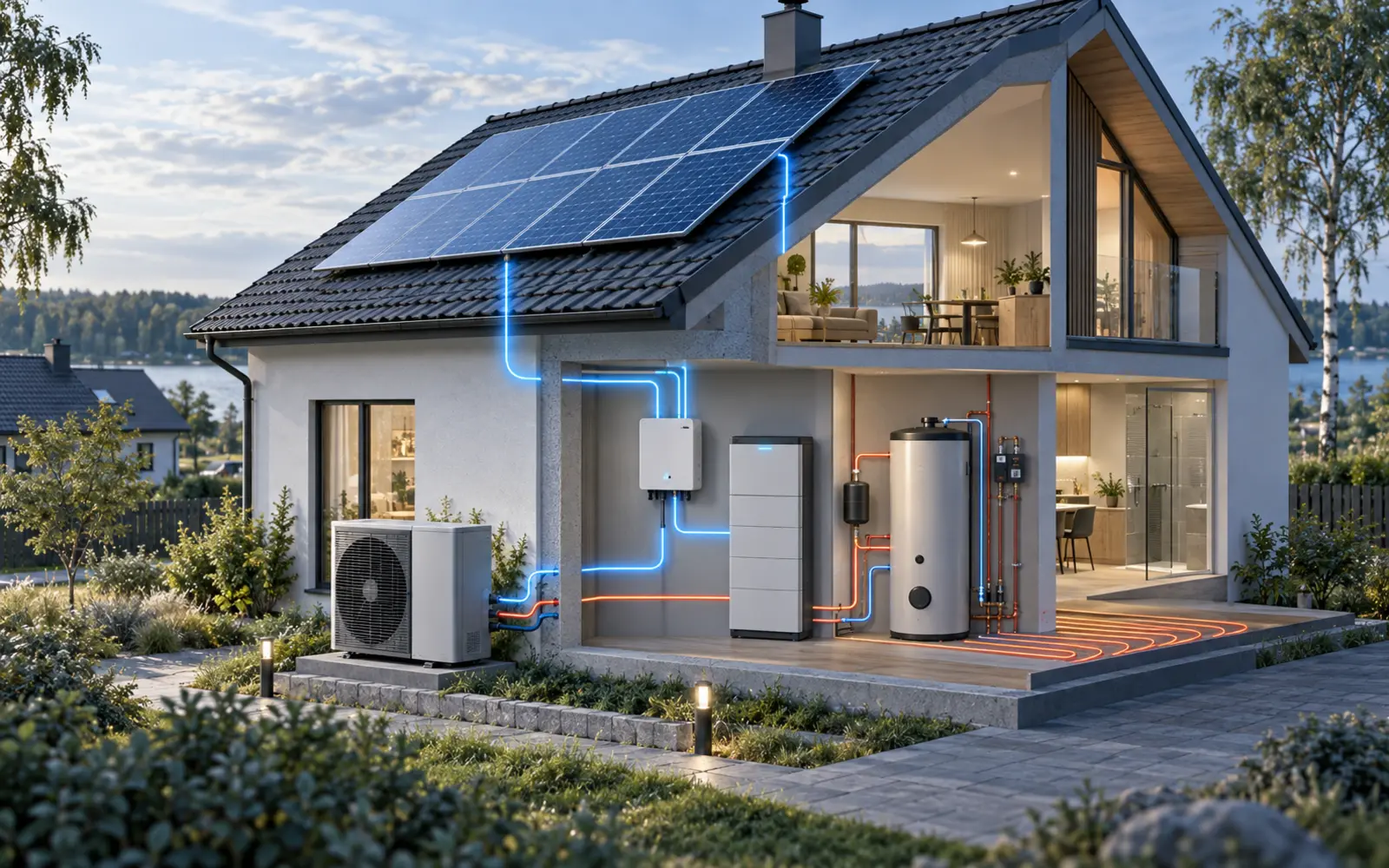 Litauen fördert 2026 Wärmepumpe, PV und Speicher parallel: Das Haus wird zum Energiesystem – Litauen 2026: Wärmepumpe, Photovoltaik und Speicher im System Wohnhaus mit Photovoltaik, Batteriespeicher, Wärmepumpe und Wärmespeicher als verbundenes Energiesystem