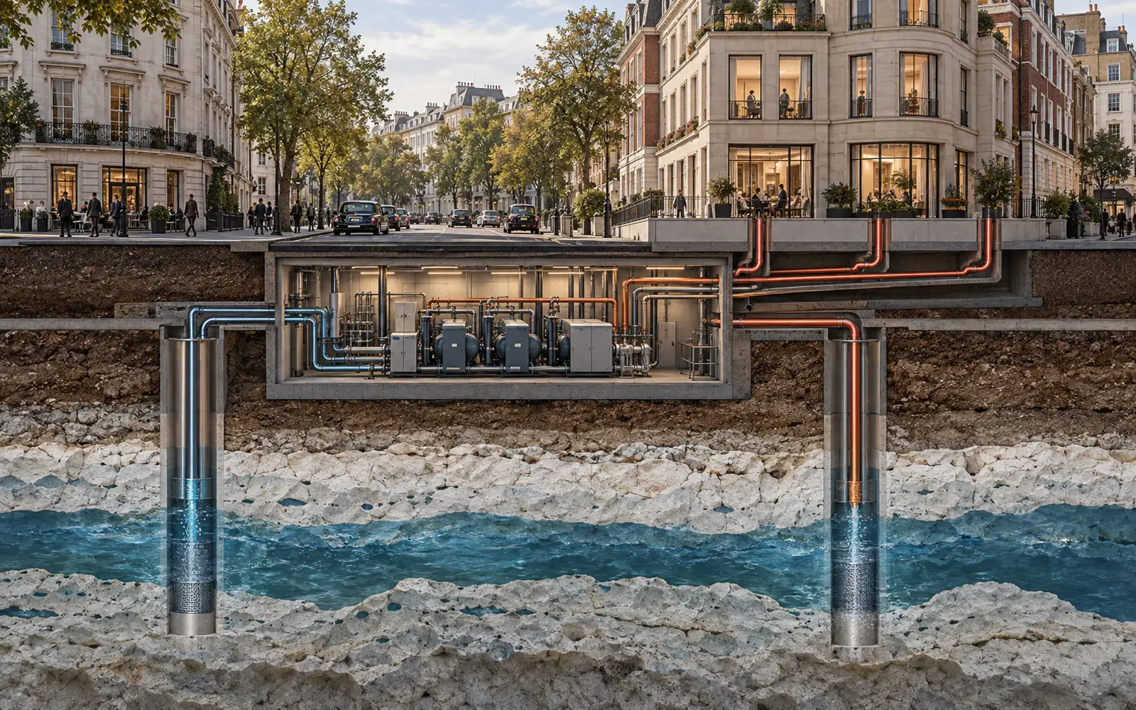 London plant Wärmenetz mit Grundwasserwärmepumpen unter Marble Arch – London: geplantes Wärmenetz mit Grundwasserwärmepumpen Schematische 3D-Schnittansicht eines Londoner Straßenzugs mit Grundwasserbrunnen, Wärmepumpenzentrale und Wärmenetz