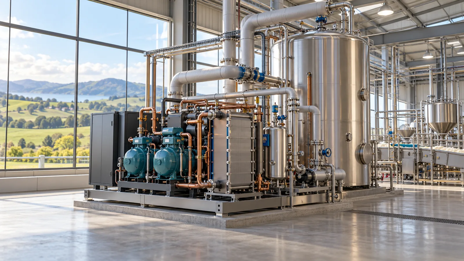 Neuseeland fördert Wärmepumpen für heiße Prozesse und Dampf – Prozesswärme in einem Lebensmittelbetrieb Redaktionelle 3D-Illustration eines Lebensmittelbetriebs mit Wärmepumpenanlage und gedämmten Prozessleitungen