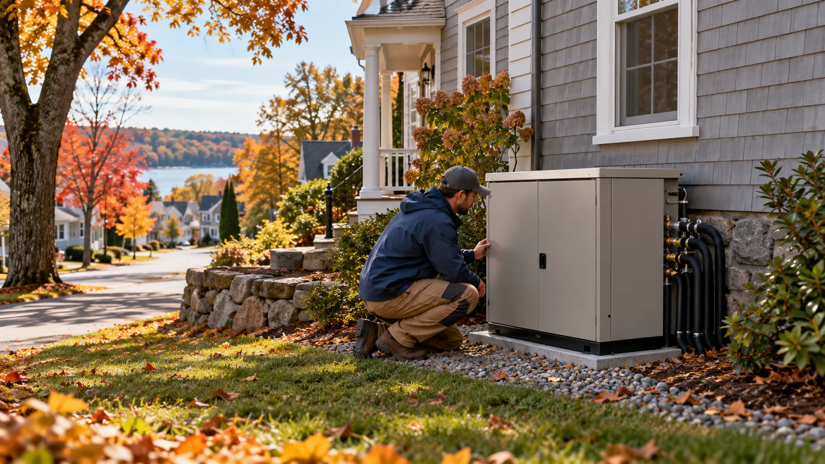 Wärmepumpen mit gemeinsamer Quelle: Was Framingham im Quartier erprobt Illustration eines Technikers an einem geothermischen Anschluss in einem amerikanischen Wohnquartier