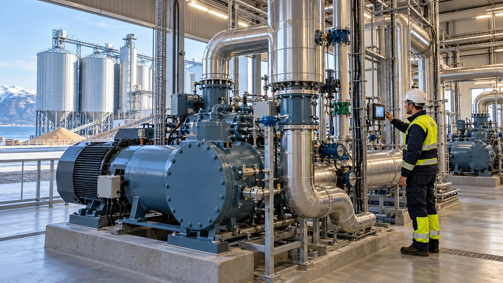 Norwegen: Wie eine Futtermittelfabrik Abwärme wieder in den Prozess bringt Illustration einer industriellen Wärmepumpenanlage in einer norwegischen Futtermittelfabrik