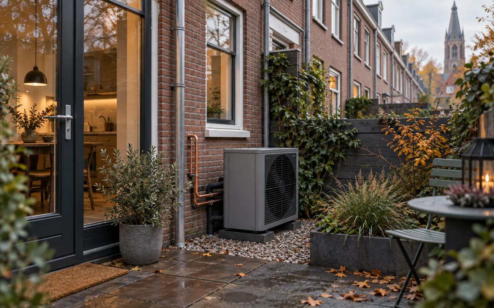 4 kW statt pauschal größer: Niederlande denken die Wärmepumpe fürs Reihenhaus neu – Kompakte 4-kW-R290-Wärmepumpe für niederländische Reihenhäuser Kompakte Luft-Wasser-Wärmepumpe in einem engen Garten vor niederländischen Reihenhäusern als redaktionelle Illustration