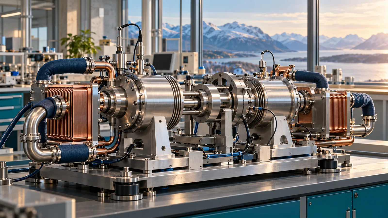 Norwegen: HyTemp erforscht Wasserstoff als Arbeitsgas einer Wärmepumpe – Geschlossenes Arbeitsgas in einem Wärmepumpen-Versuchsstand Redaktionelle 3D-Illustration eines Laborprüfstands mit geschlossenen Zylindern, Wärmetauschern und Sensoren