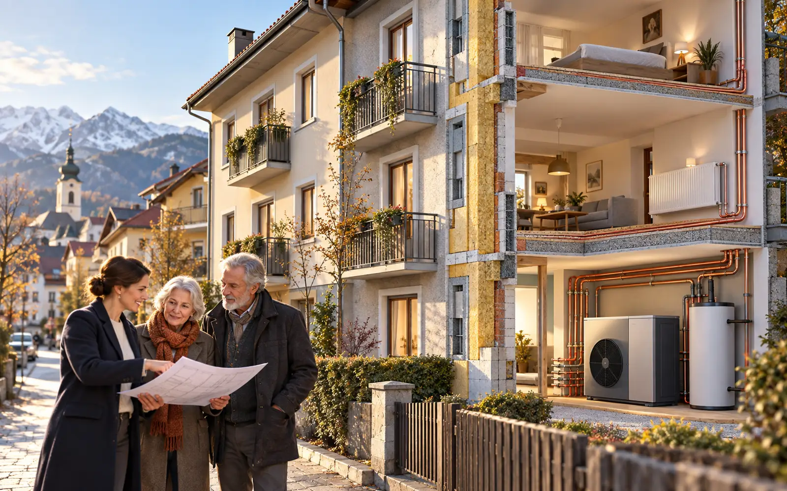 Österreichs Klima-Sozialplan: Heizungstausch für Haushalte mit wenig Einkommen im Entwurf – Österreich: Heizungswechsel im Klima-Sozialplan Redaktionelle Darstellung einer österreichischen Wohnhaussanierung mit Energieberatung, Dämmung und Wärmepumpe