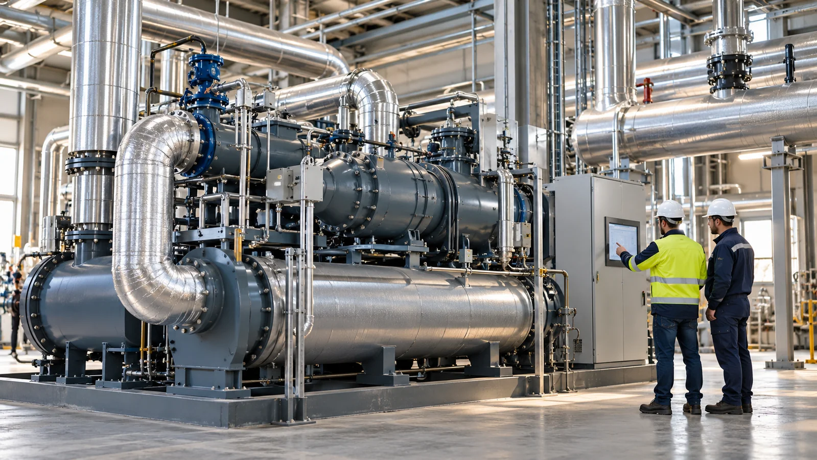 184 °C Dampf aus der Wärmepumpe: Was ein Pharma-Demonstrator wirklich zeigt – 184 °C Dampf aus der Wärmepumpe: Was ein Pharma-Demonstrator wirklich zeigt Redaktionelle Illustration einer industriellen Wärmepumpenanlage mit isolierten Rohrleitungen und zwei Fachleuten