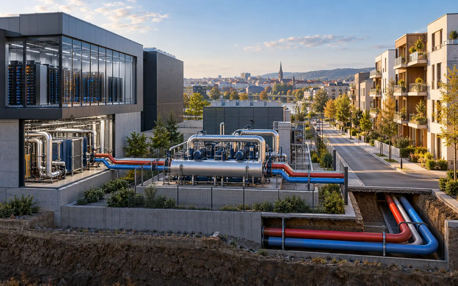 Rechenzentren als Wärmequelle: Was das neue EU-Rating über Abwärme verrät – Rechenzentrums-Abwärme für ein Wärmenetz mit Großwärmepumpe Schematische 3D-Ansicht eines Rechenzentrums mit Wärmetauscher und Großwärmepumpe; Leitungen führen zu Wohngebäuden eines Wärmenetzes