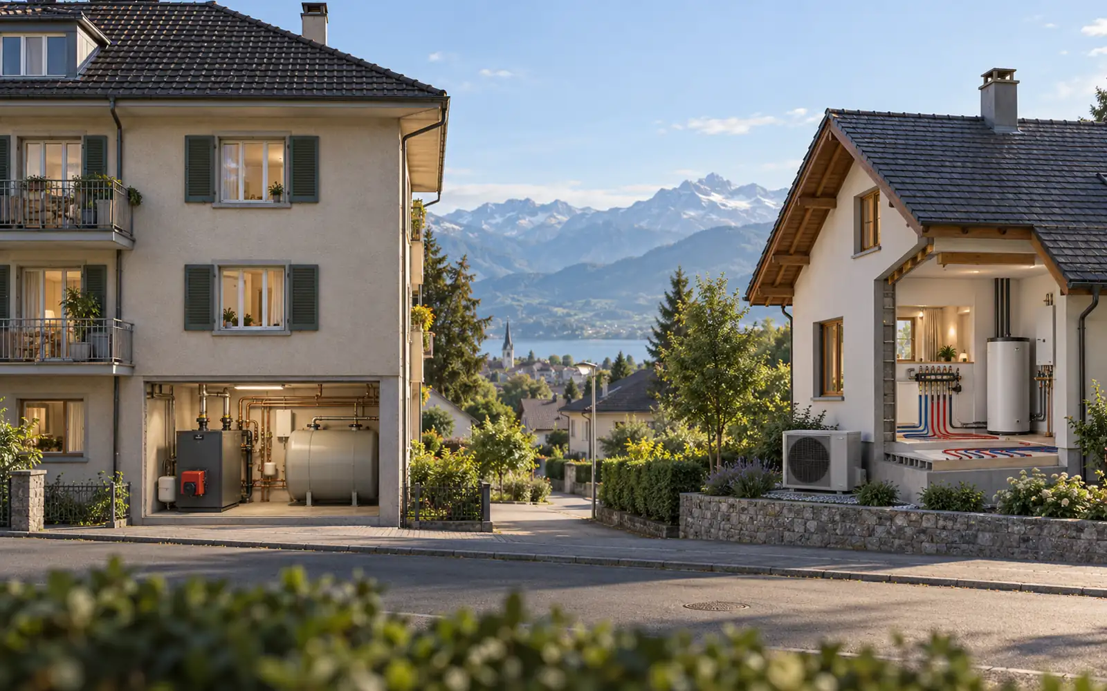 Schweiz 2025: Wärmepumpe in jedem vierten Wohngebäude – Heizöl bleibt Nummer eins – Schweizer Gebäudebestand: Ölheizung und Wärmepumpe Redaktionelle 3D-Ansicht zweier Schweizer Wohngebäude mit Ölheizung und Luft-Wasser-Wärmepumpe in geöffneten Technikbereichen