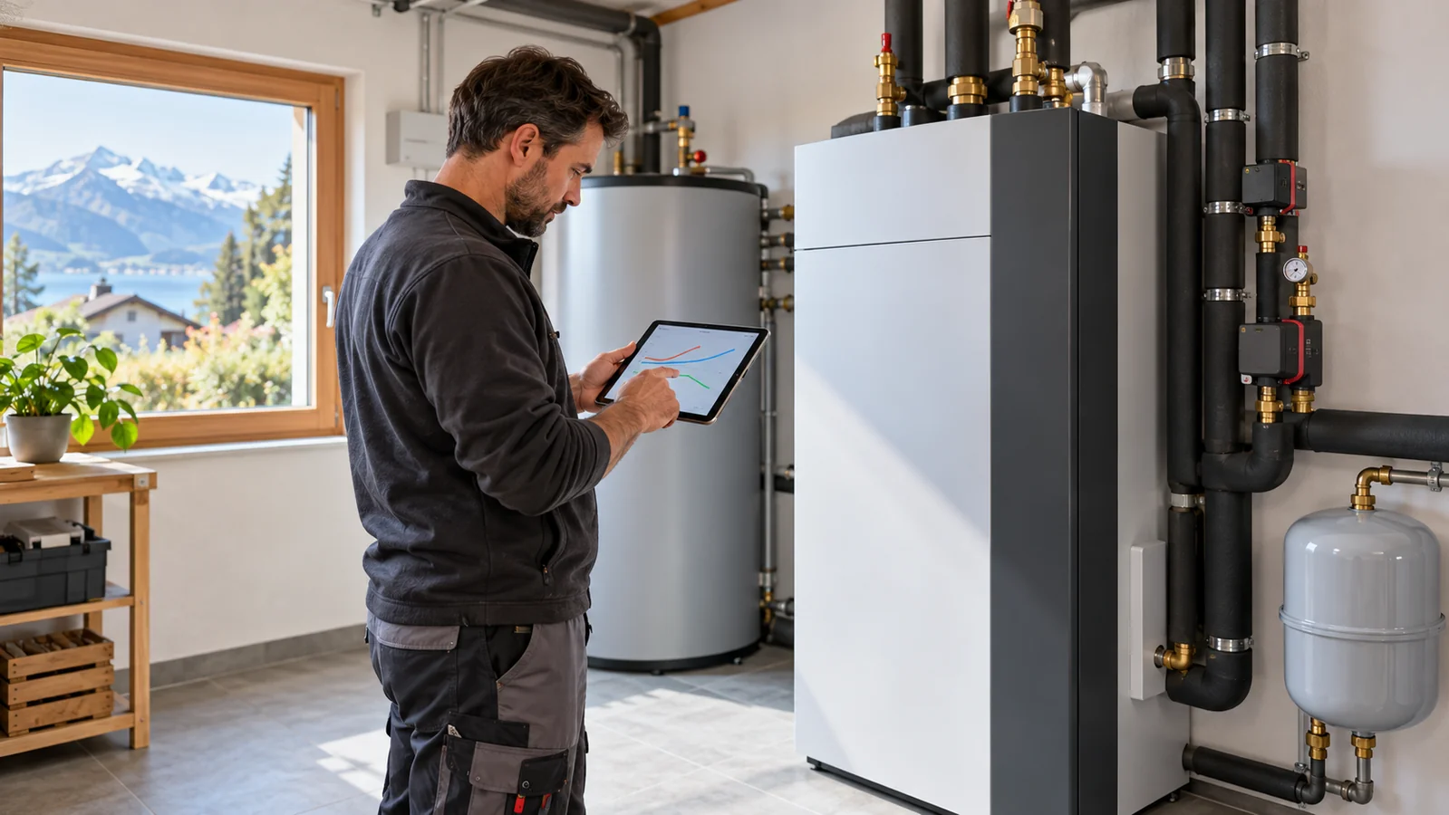 Schweizer Forschung: Die Wärmepumpe ist gut – das Gesamtsystem entscheidet – Schweizer Forschung: Die Wärmepumpe ist gut – das Gesamtsystem entscheidet Redaktionelle Illustration eines Heizungsfachmanns mit Tablet und Wärmepumpenanlage in einem Schweizer Technikraum