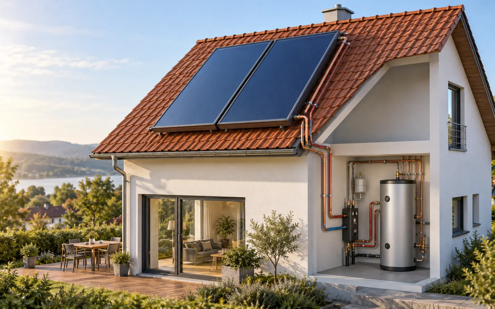 Solarthermie oder Photovoltaik: Wärme und Strom nicht verwechseln – Solarthermie: Flachkollektoren und Warmwasserspeicher im Wohnhaus Solarthermische Flachkollektoren auf einem Wohnhaus mit Leitungen zum Warmwasserspeicher