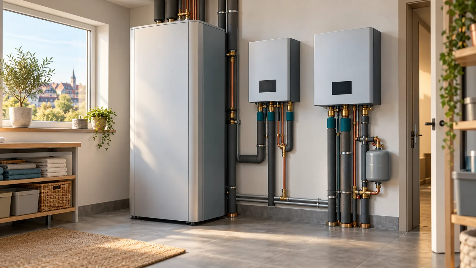 Südkorea: LG zeigt, warum bei Wärmepumpen auch die Inneneinheit zählt – Inneneinheiten und Wartungsraum im Wohngebäude Redaktionelle 3D-Illustration eines Technikraums mit integriertem Speichergehäuse und kompakten Wandmodulen