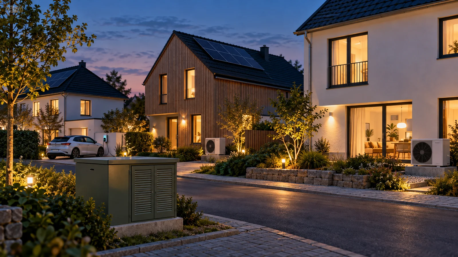 Alle heizen zur billigsten Stunde: Neue Forschung warnt vor Stromspitzen – Alle heizen zur billigsten Stunde: Neue Forschung warnt vor Stromspitzen Redaktionelle Illustration von Wohnhäusern mit Wärmepumpen, Elektroauto und einem örtlichen Stromverteiler am Abend