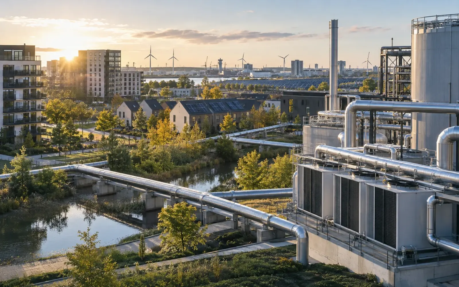 IEA 2026: Wärmepumpen sparen 53 Milliarden m³ Gas – Wärmepumpen im globalen Energiesystem Nordeuropäische Stadt mit Wohnhäusern, Großwärmepumpe, Wärmenetz, Windkraft und Photovoltaik als Symbol für den globalen Wärmepumpenmarkt